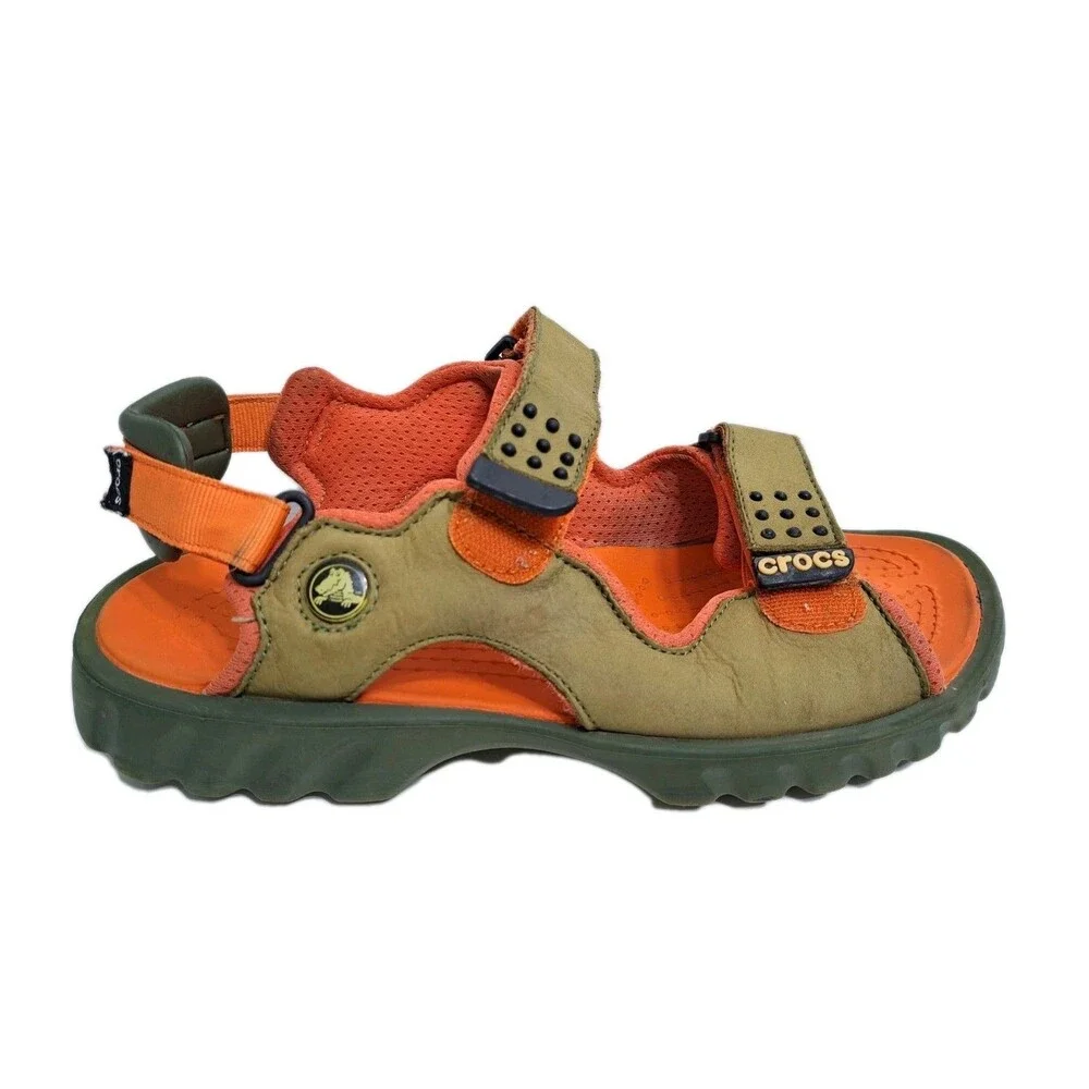 Crocs Tikali Mens 12 Suede Slip On Adjustable Sandals Trail Orange Green Straps